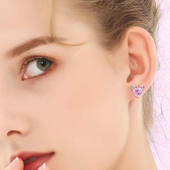 Silver Platinum and Pink Sapphire Cubic Zirconia Mickey Mouse Post Stud Earrings - Picture 5 of 6